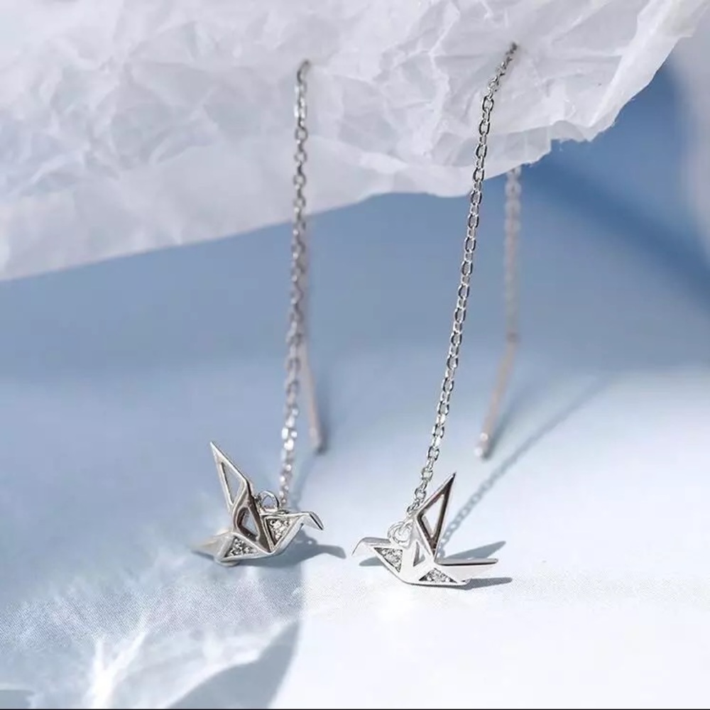 New Sterling Silver 925 Origami Crane threader Earrings set